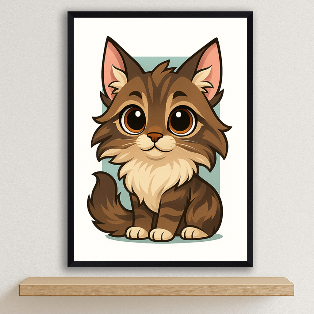 Maine Coon in stile Chibi stampato su forex, cornice nero, disponibile in 30x40, 40x50 e 50x70 cm