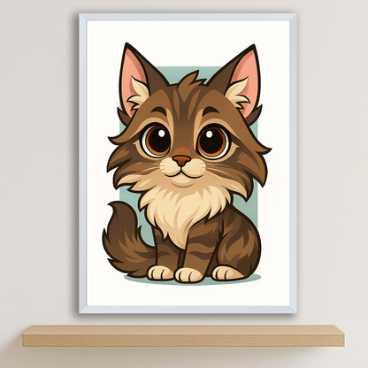 Maine Coon in stile Chibi stampato su forex, cornice bianco, disponibile in 30x40, 40x50 e 50x70 cm