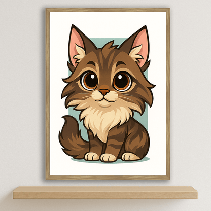 Maine Coon in stile Chibi stampato su forex, cornice legno, disponibile in 30x40, 40x50 e 50x70 cm