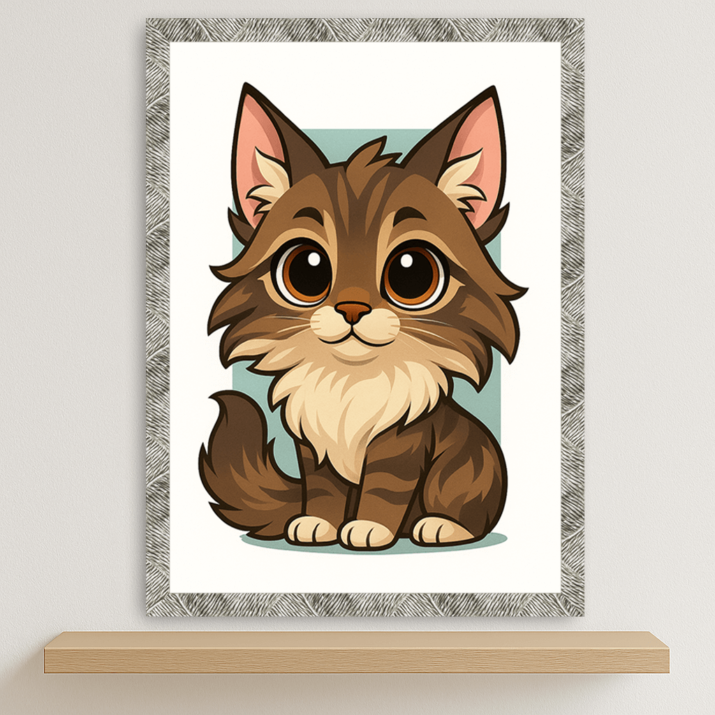 Maine Coon in stile Chibi stampato su forex, cornice argento, disponibile in 30x40, 40x50 e 50x70 cm