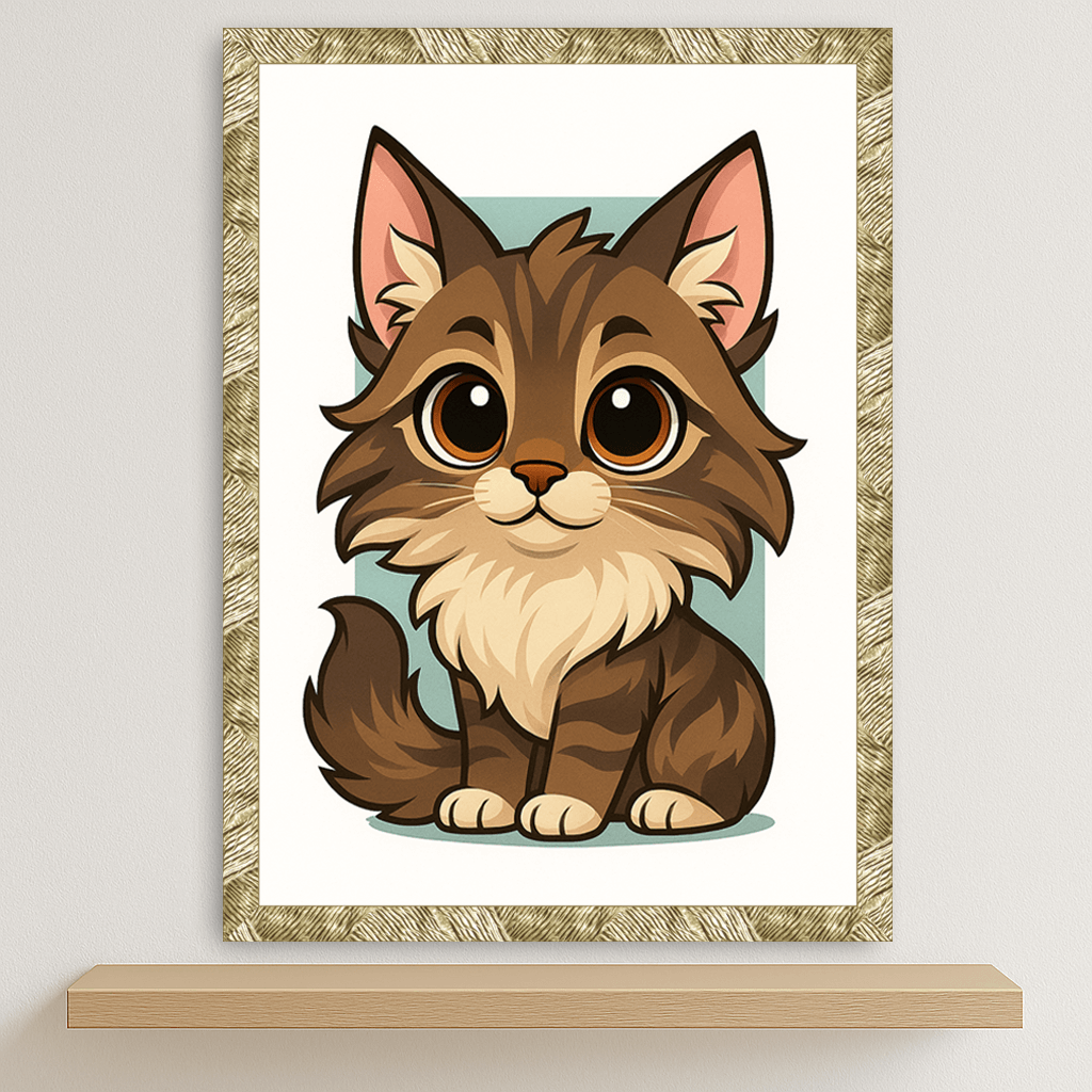 Maine Coon in stile Chibi stampato su forex, cornice oro, disponibile in 30x40, 40x50 e 50x70 cm