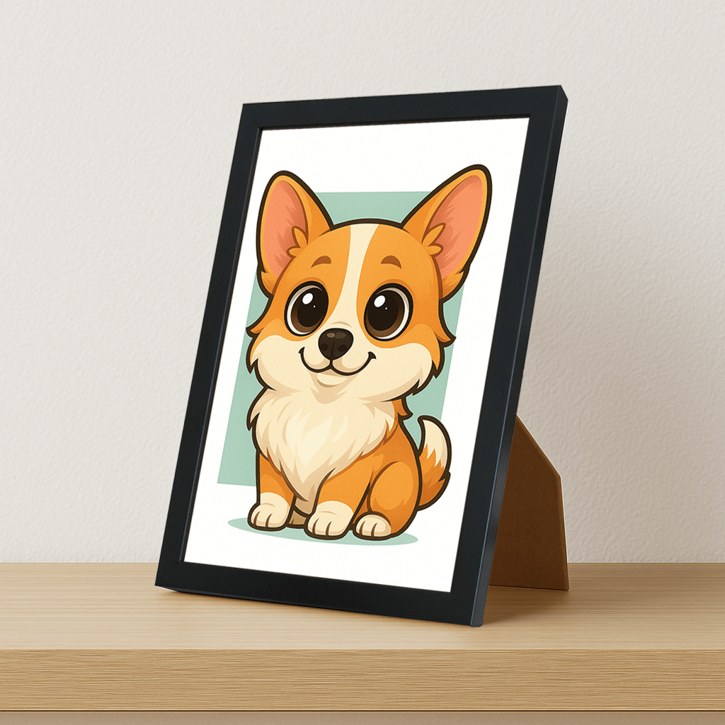 Welsh Corgi Pembroke in stile Chibi stampato su forex, cornice portafoto nero, misura 21x29.7
