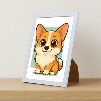 Welsh Corgi Pembroke in stile Chibi stampato su forex, cornice portafoto bianco, misura 21x29.7