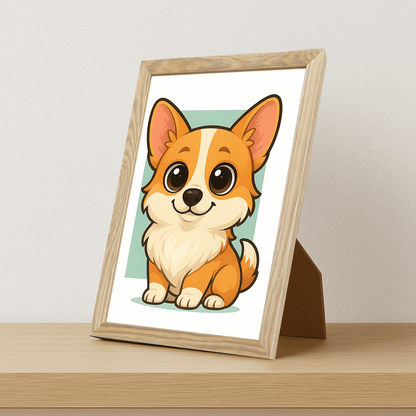 Welsh Corgi Pembroke in stile Chibi stampato su forex, cornice portafoto legno, misura 21x29.7