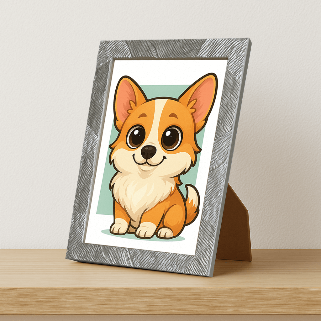 Welsh Corgi Pembroke in stile Chibi stampato su forex, cornice portafoto argento, misura 21x29.7