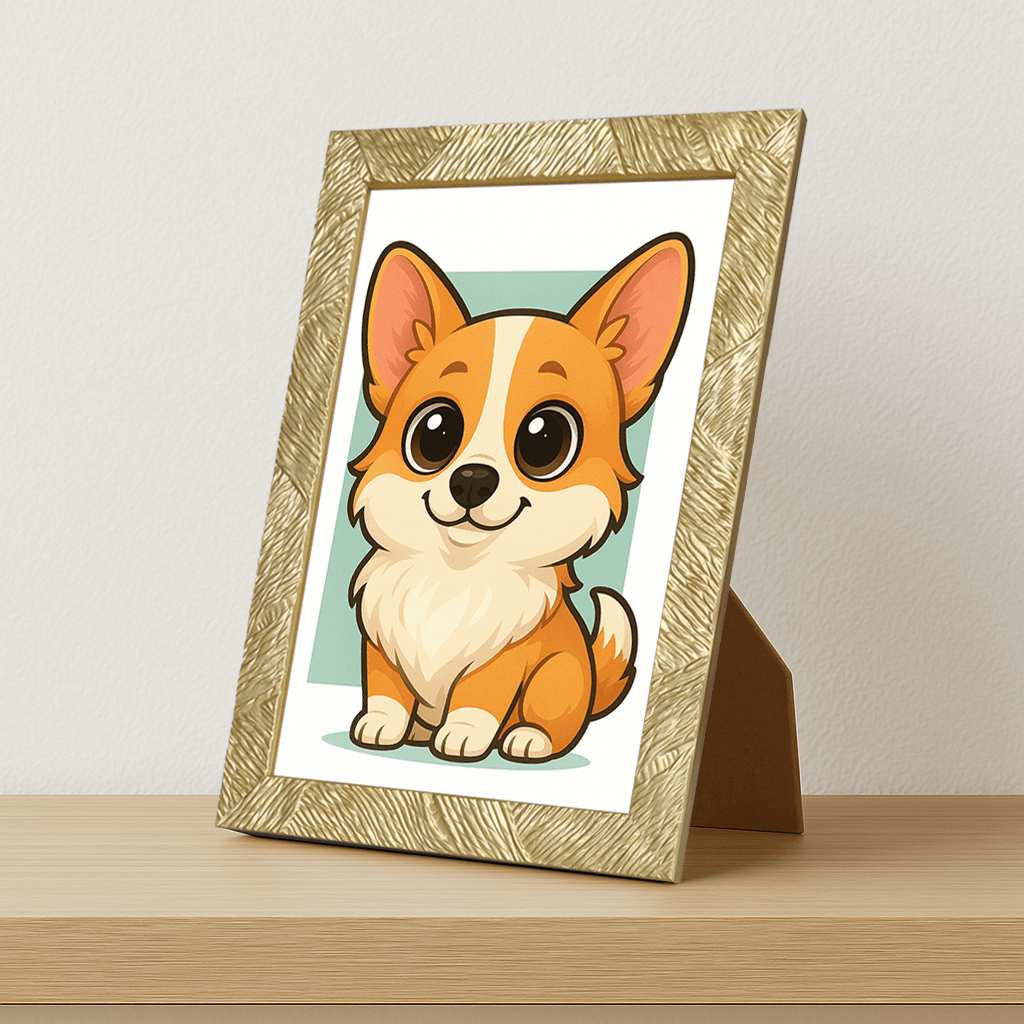 Welsh Corgi Pembroke in stile Chibi stampato su forex, cornice portafoto oro, misura 21x29.7