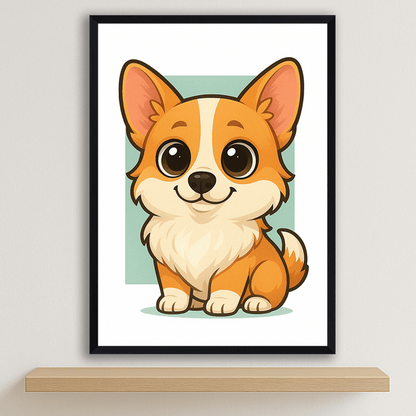 Welsh Corgi Pembroke in stile Chibi stampato su forex, cornice nero, disponibile in 30x40, 40x50 e 50x70 cm
