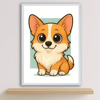 Welsh Corgi Pembroke in stile Chibi stampato su forex, cornice bianco, disponibile in 30x40, 40x50 e 50x70 cm