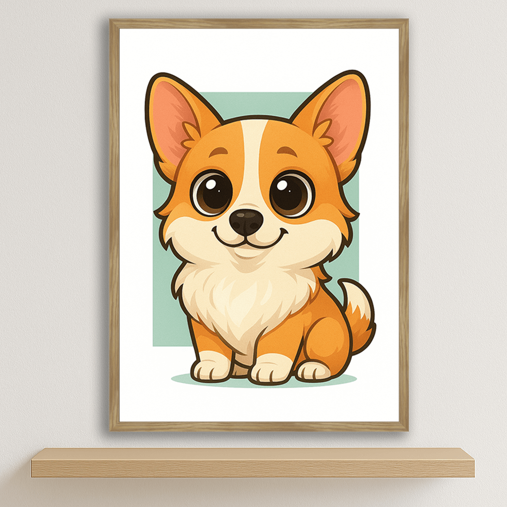 Welsh Corgi Pembroke in stile Chibi stampato su forex, cornice legno, disponibile in 30x40, 40x50 e 50x70 cm