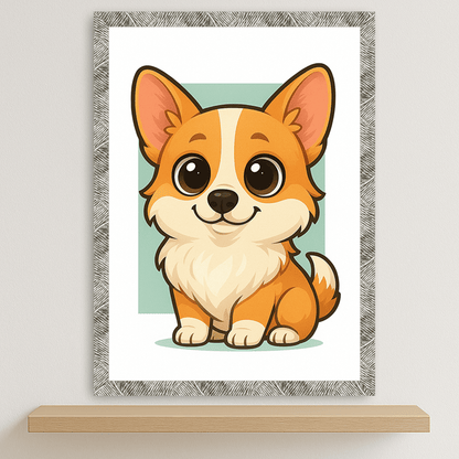 Welsh Corgi Pembroke in stile Chibi stampato su forex, cornice argento, disponibile in 30x40, 40x50 e 50x70 cm