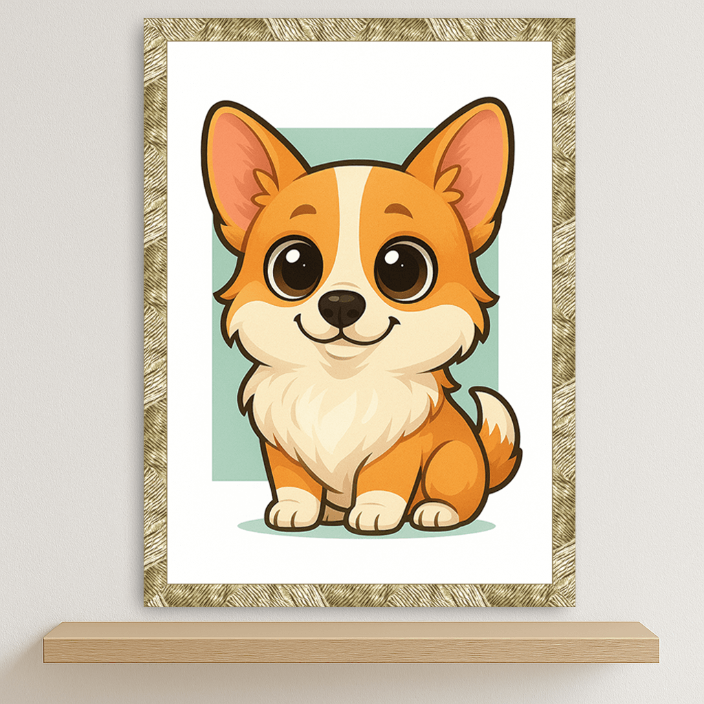 Welsh Corgi Pembroke in stile Chibi stampato su forex, cornice oro, disponibile in 30x40, 40x50 e 50x70 cm