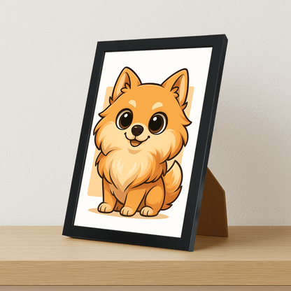 Volpino in stile Chibi stampato su forex, cornice portafoto nero, misura 21x29.7