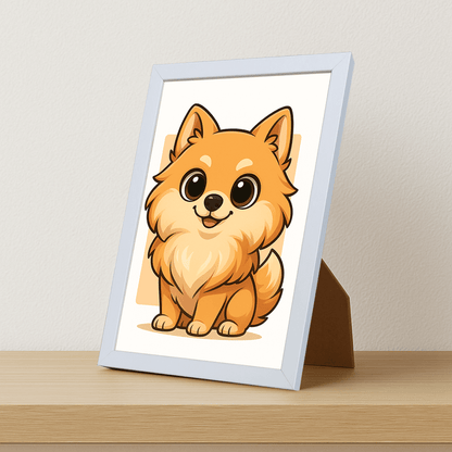 Volpino in stile Chibi stampato su forex, cornice portafoto bianco, misura 21x29.7