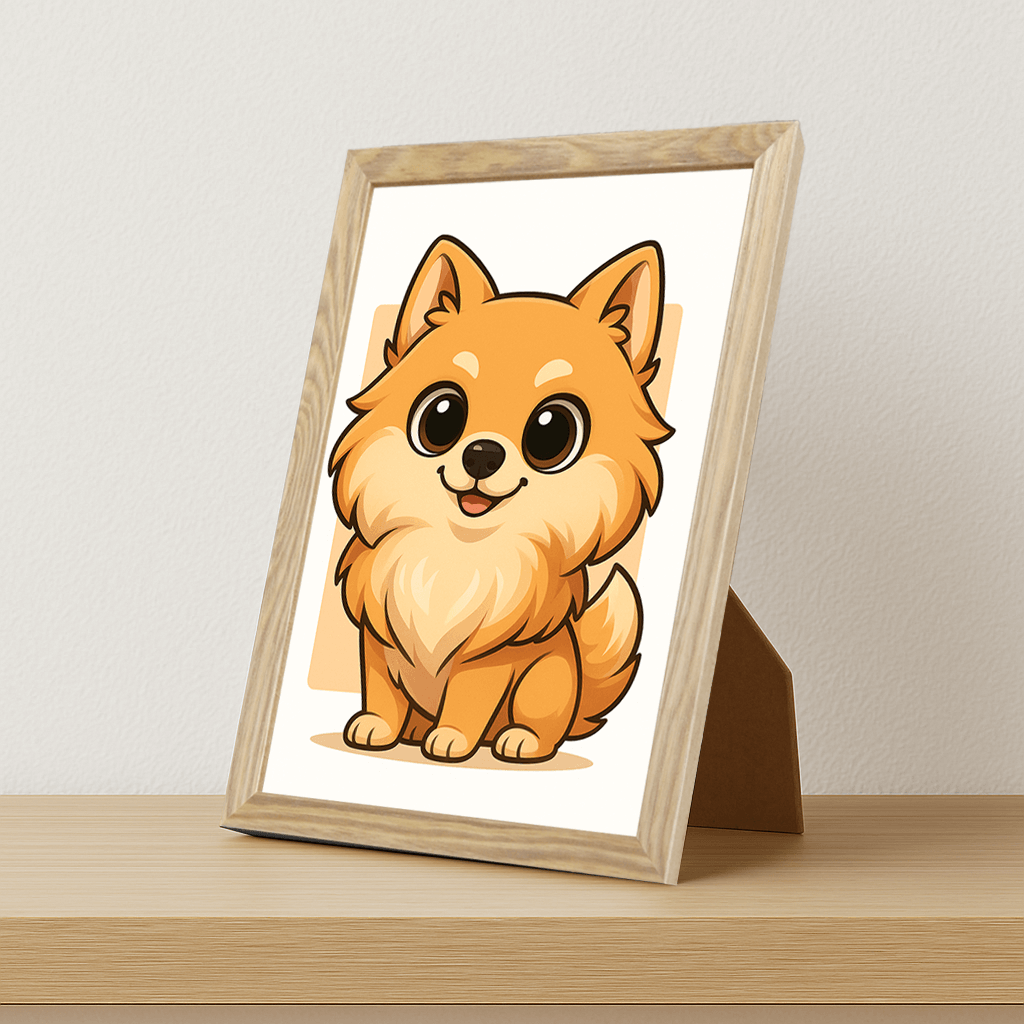 Volpino in stile Chibi stampato su forex, cornice portafoto legno, misura 21x29.7