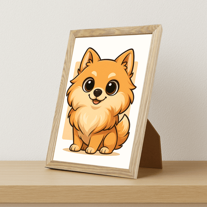 Volpino in stile Chibi stampato su forex, cornice portafoto legno, misura 21x29.7