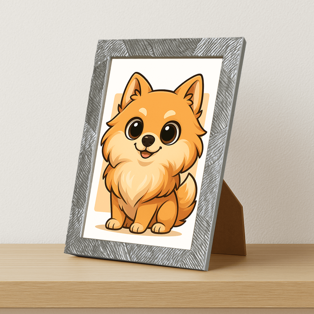 Volpino in stile Chibi stampato su forex, cornice portafoto argento, misura 21x29.7