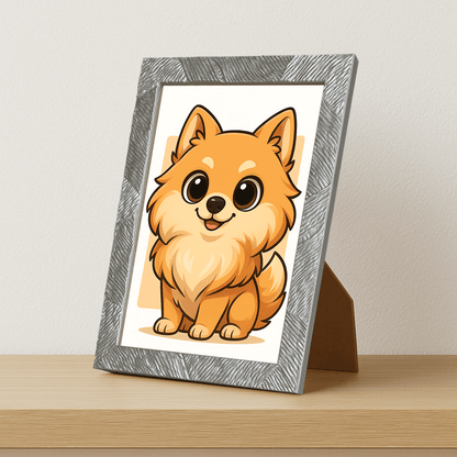 Volpino in stile Chibi stampato su forex, cornice portafoto argento, misura 21x29.7