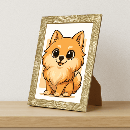 Volpino in stile Chibi stampato su forex, cornice portafoto oro, misura 21x29.7