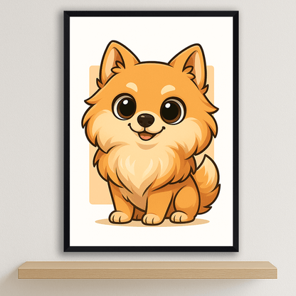 Volpino in stile Chibi stampato su forex, cornice nero, disponibile in 30x40, 40x50 e 50x70 cm