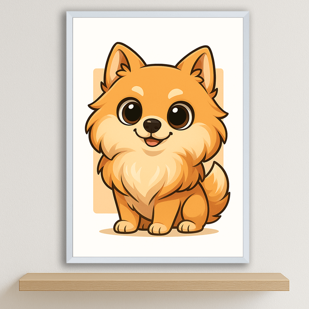 Volpino in stile Chibi stampato su forex, cornice bianco, disponibile in 30x40, 40x50 e 50x70 cm