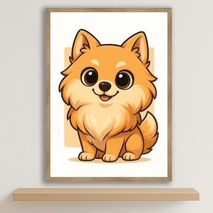 Volpino in stile Chibi stampato su forex, cornice legno, disponibile in 30x40, 40x50 e 50x70 cm