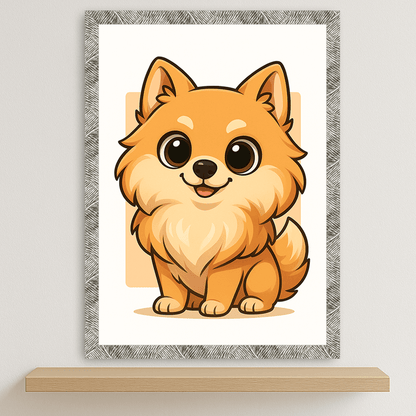 Volpino in stile Chibi stampato su forex, cornice argento, disponibile in 30x40, 40x50 e 50x70 cm