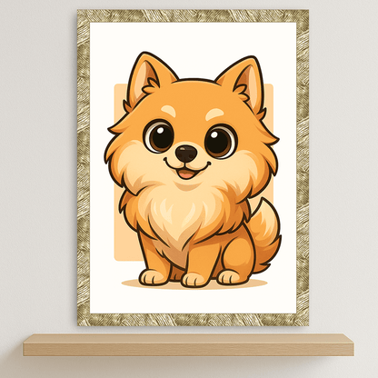 Volpino in stile Chibi stampato su forex, cornice oro, disponibile in 30x40, 40x50 e 50x70 cm