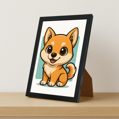 Shiba Inu in stile Chibi stampato su forex, cornice portafoto nero, misura 21x29.7
