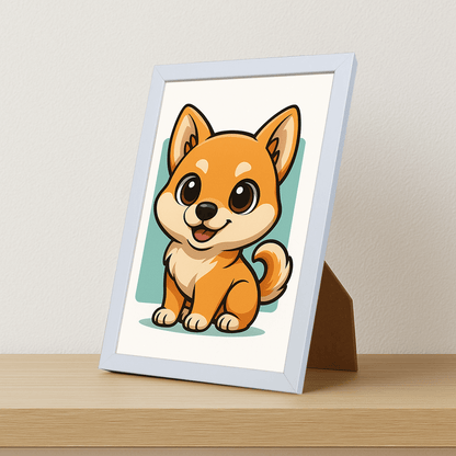 Shiba Inu in stile Chibi stampato su forex, cornice portafoto bianco, misura 21x29.7