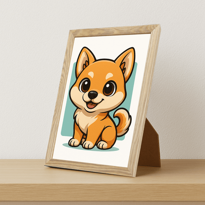 Shiba Inu in stile Chibi stampato su forex, cornice portafoto legno, misura 21x29.7