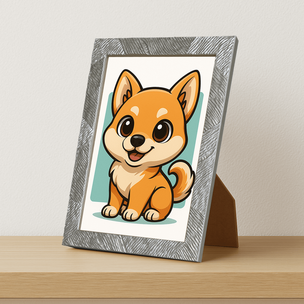 Shiba Inu in stile Chibi stampato su forex, cornice portafoto argento, misura 21x29.7
