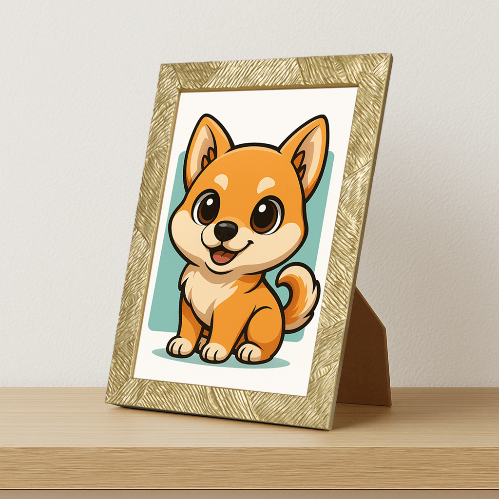 Shiba Inu in stile Chibi stampato su forex, cornice portafoto oro, misura 21x29.7