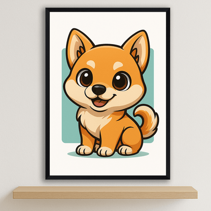 Shiba Inu in stile Chibi stampato su forex, cornice nero, disponibile in 30x40, 40x50 e 50x70 cm