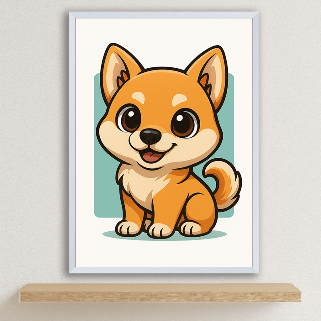 Shiba Inu in stile Chibi stampato su forex, cornice bianco, disponibile in 30x40, 40x50 e 50x70 cm
