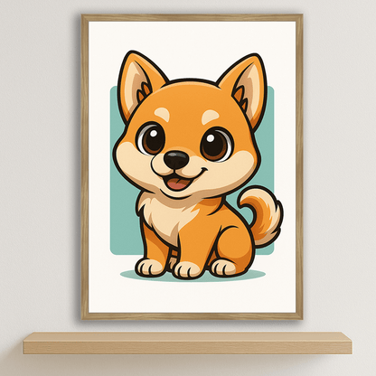 Shiba Inu in stile Chibi stampato su forex, cornice legno, disponibile in 30x40, 40x50 e 50x70 cm