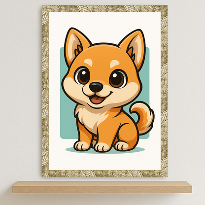 Shiba Inu in stile Chibi stampato su forex, cornice oro, disponibile in 30x40, 40x50 e 50x70 cm