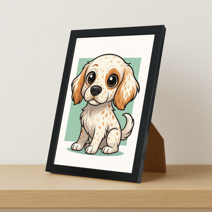 Setter Inglese in stile Chibi stampato su forex, cornice portafoto nero, misura 21x29.7