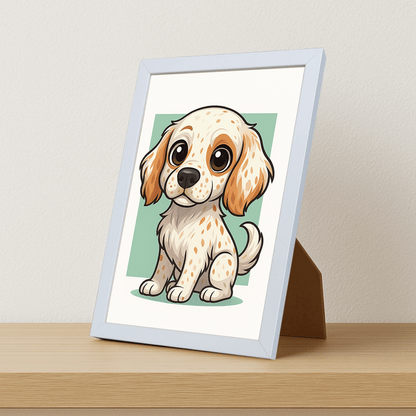 Setter Inglese in stile Chibi stampato su forex, cornice portafoto bianco, misura 21x29.7