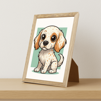 Setter Inglese in stile Chibi stampato su forex, cornice portafoto legno, misura 21x29.7