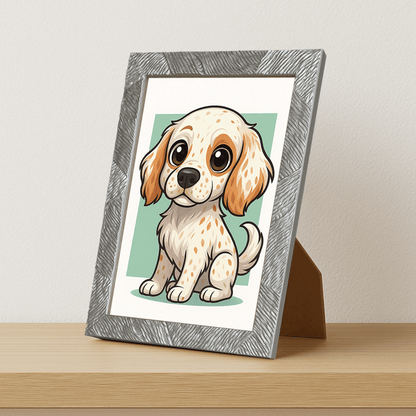 Setter Inglese in stile Chibi stampato su forex, cornice portafoto argento, misura 21x29.7