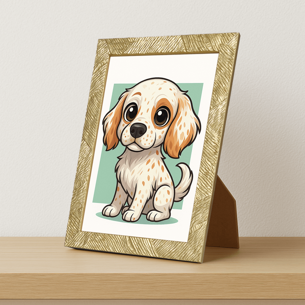 Setter Inglese in stile Chibi stampato su forex, cornice portafoto oro, misura 21x29.7