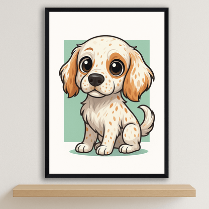 Setter Inglese in stile Chibi stampato su forex, cornice nero, disponibile in 30x40, 40x50 e 50x70 cm