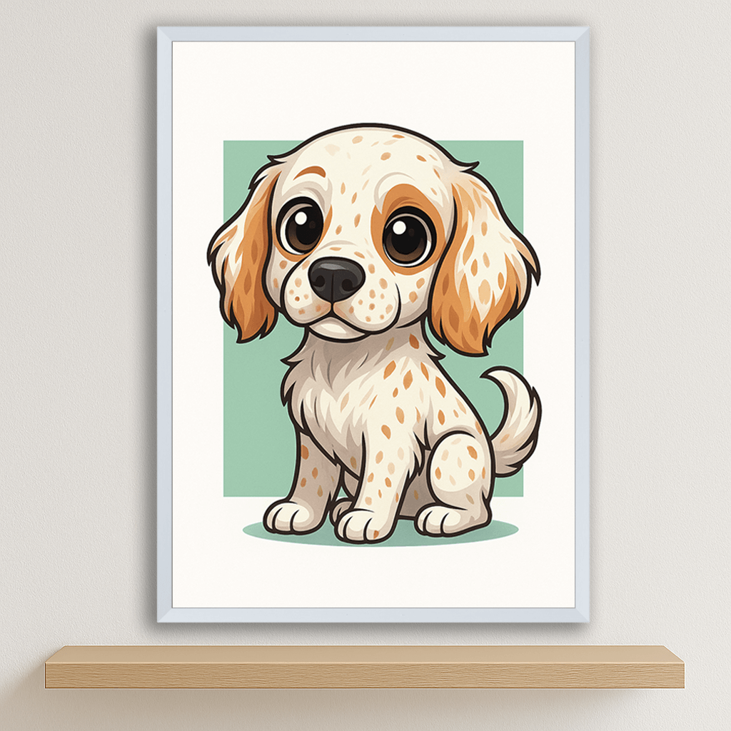 Setter Inglese in stile Chibi stampato su forex, cornice bianco, disponibile in 30x40, 40x50 e 50x70 cm
