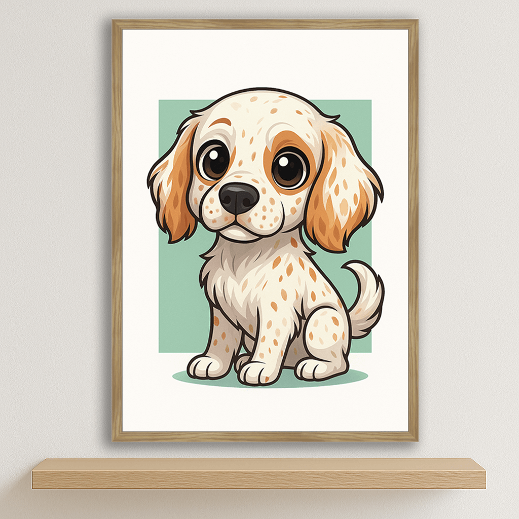 Setter Inglese in stile Chibi stampato su forex, cornice legno, disponibile in 30x40, 40x50 e 50x70 cm
