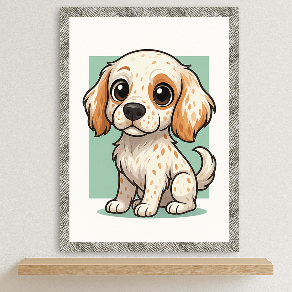 Setter Inglese in stile Chibi stampato su forex, cornice argento, disponibile in 30x40, 40x50 e 50x70 cm