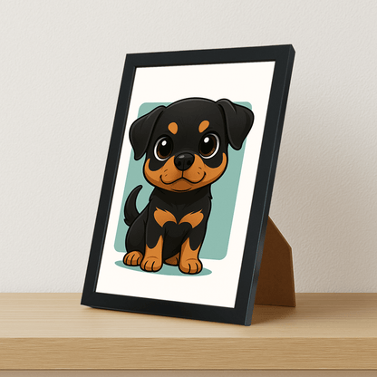 Rottweiler in stile Chibi stampato su forex, cornice portafoto nero, misura 21x29.7