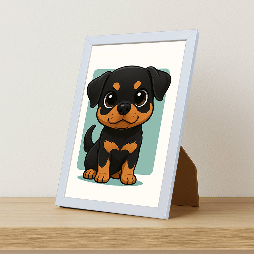 Rottweiler in stile Chibi stampato su forex, cornice portafoto bianco, misura 21x29.7