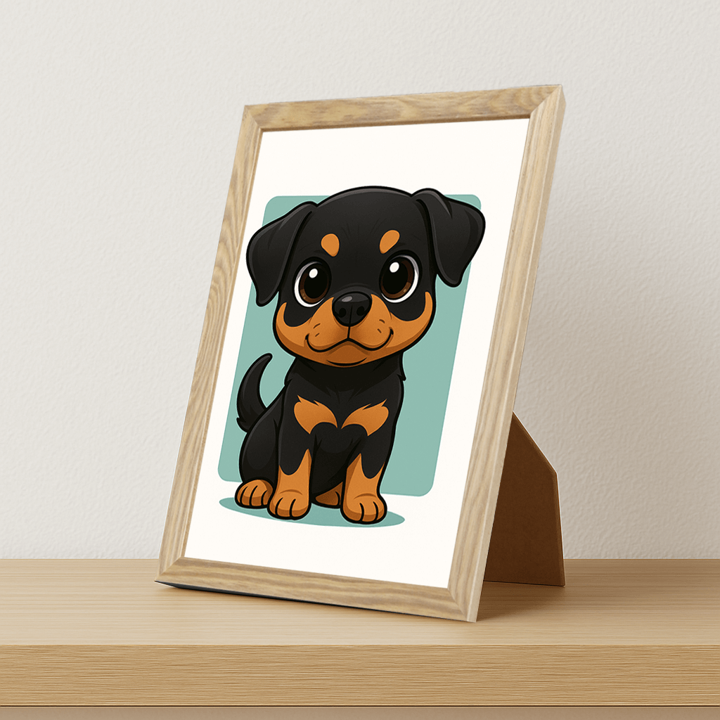 Rottweiler in stile Chibi stampato su forex, cornice portafoto legno, misura 21x29.7