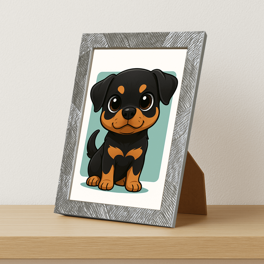 Rottweiler in stile Chibi stampato su forex, cornice portafoto argento, misura 21x29.7