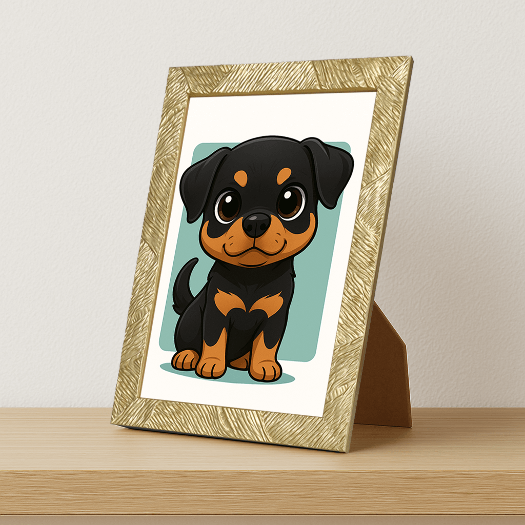 Rottweiler in stile Chibi stampato su forex, cornice portafoto oro, misura 21x29.7